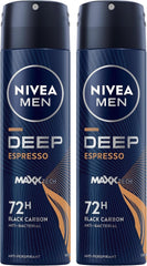 NIVEA MEN Antiperspirant Spray for Men, 72h Protection, DEEP Black Carbon Antibacterial, Espresso Scent, 2x150ml