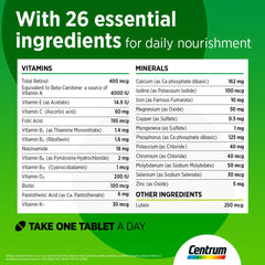 Centrum for Adults, Multivitamin, Lutein, with Vitamin C, Vitamin D, Vitamin B Complex, Minerals, Supports Nutritional Needs, Boosts Immunity, 30 Tablets