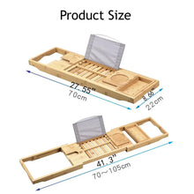 Extendable bamboo bathtub tray with adjustable backrest and device compartments