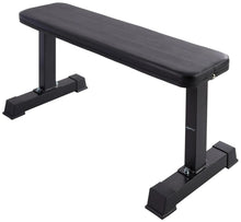 Black flat workout exercise bench with padded top and end foot supports