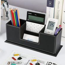 Black PU desk organizer with pens, card holder, and calculator in front compartments.