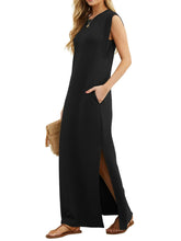 Black sleeveless maxi dress with scoop neck and long side slit, front pocket detail