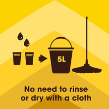 Floor cleaner infographic with bottle icon and message 'No need to rinse or dry'.