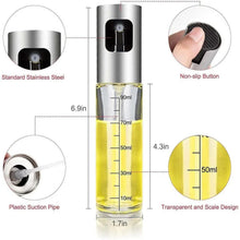 Transparent oil spray bottle with scale, stainless steel top and non-slip button