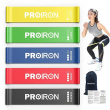 Set of 5 resistance loop bands: yellow, green, blue, red, and black with bag