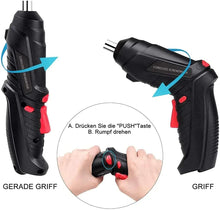 Cordless screwdriver with black body and red button, shown in use with hands