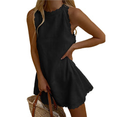 Vestido de verano 2023 sin mangas con cuello halter y festoneado para mujer, vestido playero informal de lino con cremallera en la espalda