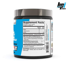 BPI Sports metabolism booster powder black tub showing Supplement Facts label and BPI logo