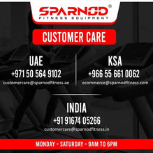 Sparnod treadmill customer care contact graphic with UAE, KSA, and India sections