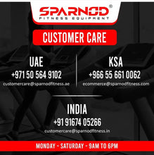 Sparnod treadmill customer care contact graphic with UAE, KSA, and India sections