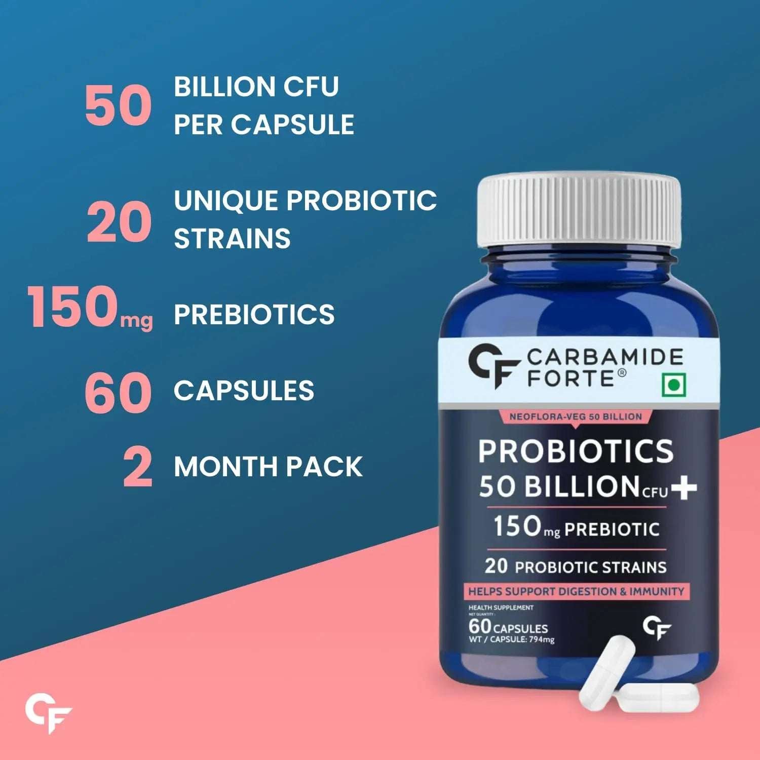 Carbamide Forte Probiotics 50 Billion bottle with 60 capsules for digestion and immunity support