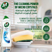 Jif cream cleaner bottle with microcrystals, grease and burnt food stain removal icons.