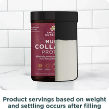 Multi Collagen Protein powder tub with lid, standing on counter in front view.