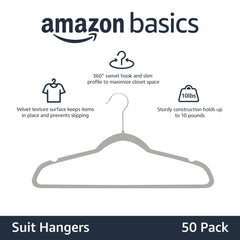 Slim, Velvet, Non-Slip Suit Clothes Hangers, Gray/Silver - Pack of 50