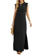 Black sleeveless maxi dress with scoop neck and side slit, ankle-length hem