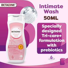 Betadine intimate wash moisturizing calendula 50ml pink bottle with tri care formula and prebiotics