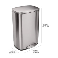 Satin nickel stainless steel kitchen bin with foot pedal, closed lid, rectangular design.