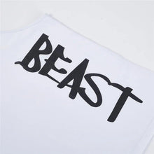 White tank top with large black 'BEAST' text graphic on front