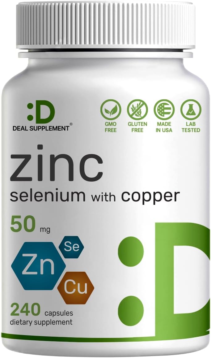 Zinc 50mg with Selenium 200mcg + Copper, 240 Capsules, 8 Month Supply, 3 in 1 Mineral Formula, Zinc Picolinate Complex Supplement, Supports Healthy Immune System for Adults and Kid