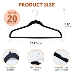 20Pcs Non Slip Felt Hangers Space Saving Clothes Hanger Velvet Hanger Heavy Duty Adult Hanger For Coat, Suit - Black