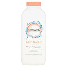 White daily powder bottle with peach cap and Femfresh label