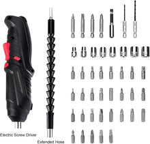 Black electric screwdriver gun with red accents and storage of multiple bits, 47-piece set