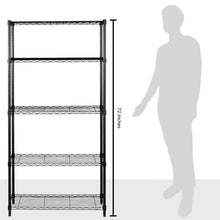 Black wire 5-shelf storage rack frame with 72 inches height measurement shown