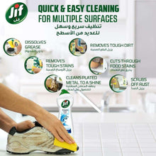 Jif cream cleaner multipurpose cleaning graphic with bottle and shoe-wiping scene.