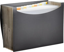 Black expanding file folder with divider pockets and colored sticky note tabs