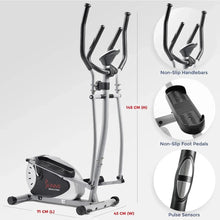 Elliptical trainer with non-slip handlebars, non-slip foot pedals, and pulse sensors