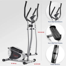 Elliptical cross trainer with non-slip handlebars, non-slip pedals and pulse sensors