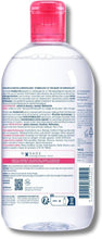 Micellar water bottle with pink cap, back label text and barcode, 500 ml