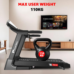 Cinta de correr motorizada plana PowerMax Fitness TDM-97 (4 HP pico) para el hogar [Velocidad: 10 km/h, Peso máximo del usuario: 100 kg, Plegable, 12 programas de entrenamiento, MP3] Asistencia gratuita para la instalación (hazlo tú mismo)