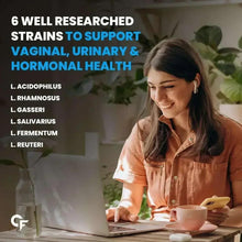 Probiotics marketing graphic with woman at desk and vaginal, urinary, hormonal health text