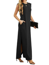 Black sleeveless maxi shirt dress with scoop neck, side slit and front pockets