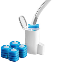 Disposable toilet cleaning brush with white handle and blue sponge head refills