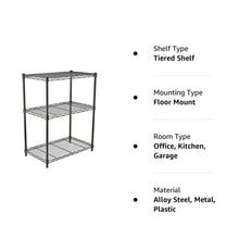 Black 3-tier wire storage rack, floor-mounted, with adjustable shelves