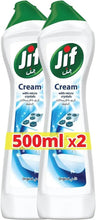 Jif cream cleaner 500ml x2 pack, two white bottles with green caps and blue Original label.