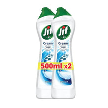 Jif cream cleaner Original scent 500ml x2, two white bottles with green caps.