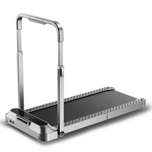 Foldable under-desk treadmill with upright handle and dark non-slip walking belt