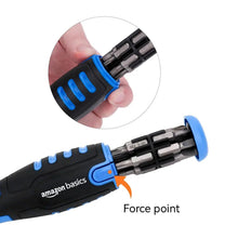 Magnetic ratchet screwdriver with bit storage panel and blue side grip, force point area
