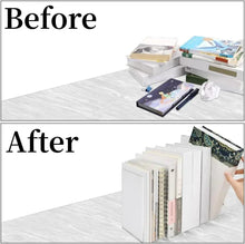 Clear acrylic bookends supporting upright books on a tabletop.
