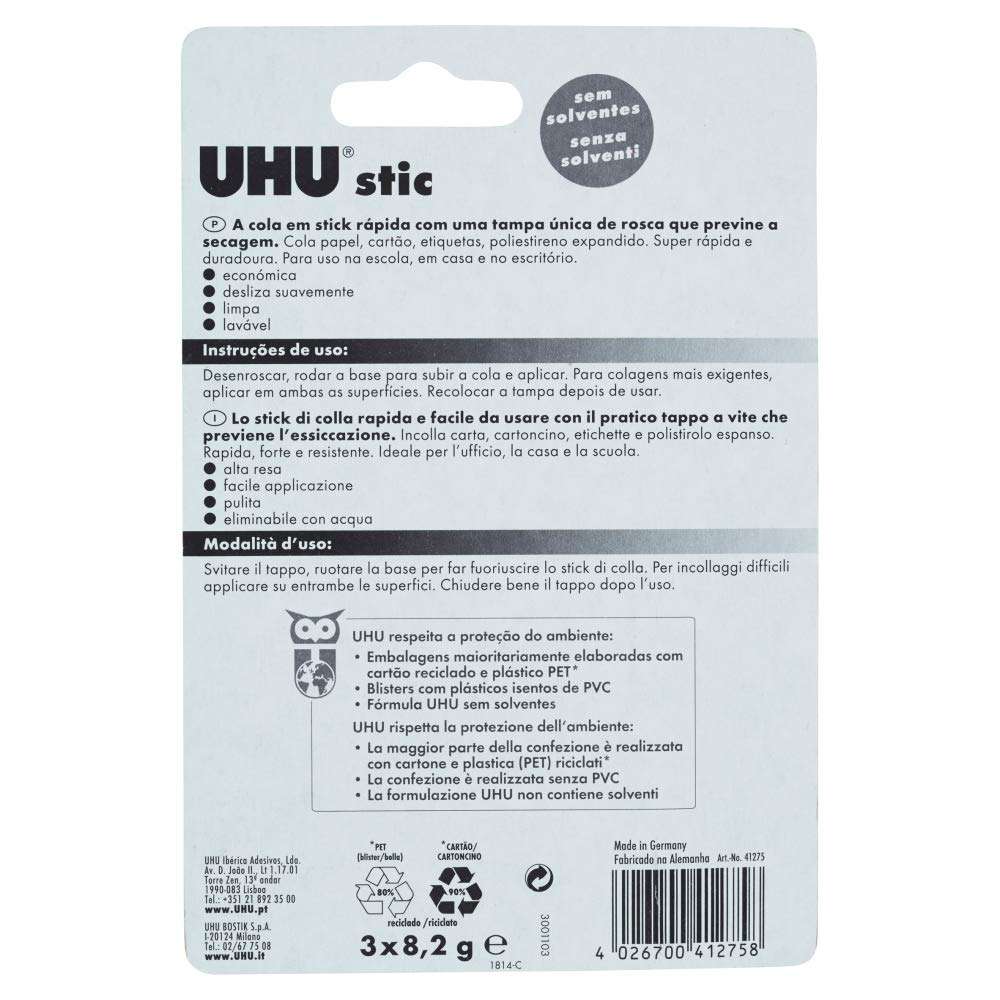 UHU stic, 8.2g, pack of 3, the proven glue stick, strong, fast, solvent free, clean, safe & sustainable for school, home, office, kids, arts and crafts, 98% natural, now packed in 50% recycled plastic
