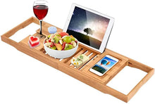 Bamboo bathtub tray with tablet and phone slots, raised slatted surface and cup area