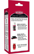 Weiman cook top cleaning kit box showing cleaner bottle, scrubbing pad, and scraper