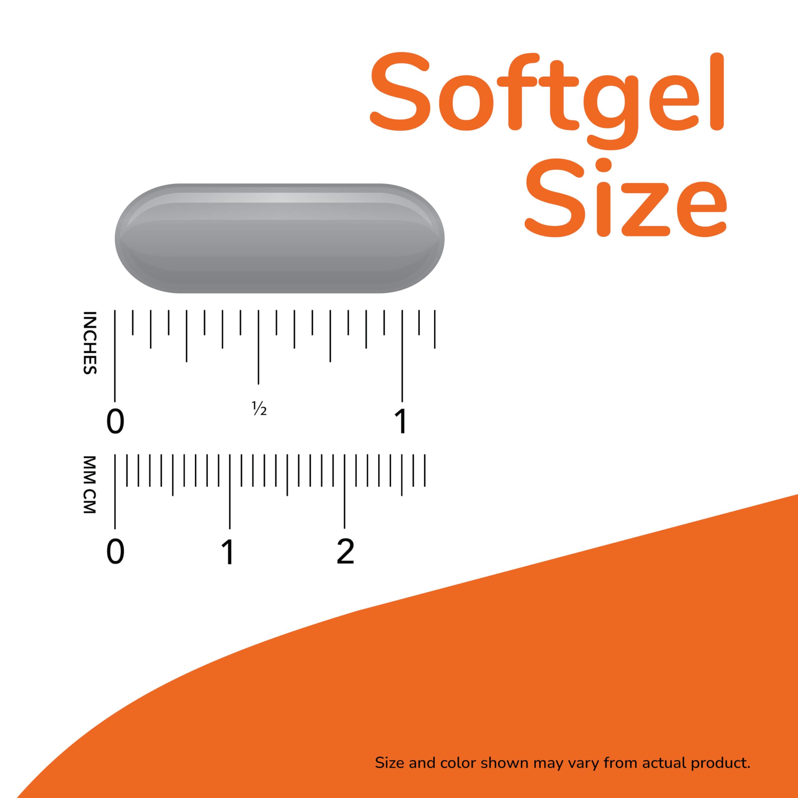 NOW Softgel size image showing single capsule beside ruler and orange design evening primrose oil supplement