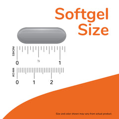NOW Softgel size image showing single capsule beside ruler and orange design evening primrose oil supplement