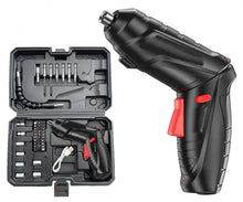 Black cordless screwdriver with red trigger, open case showing assorted bits and sockets