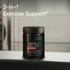 Sports Research Omega 3 krill oil supplement 1000mg black jar on gym bench with exercise support text