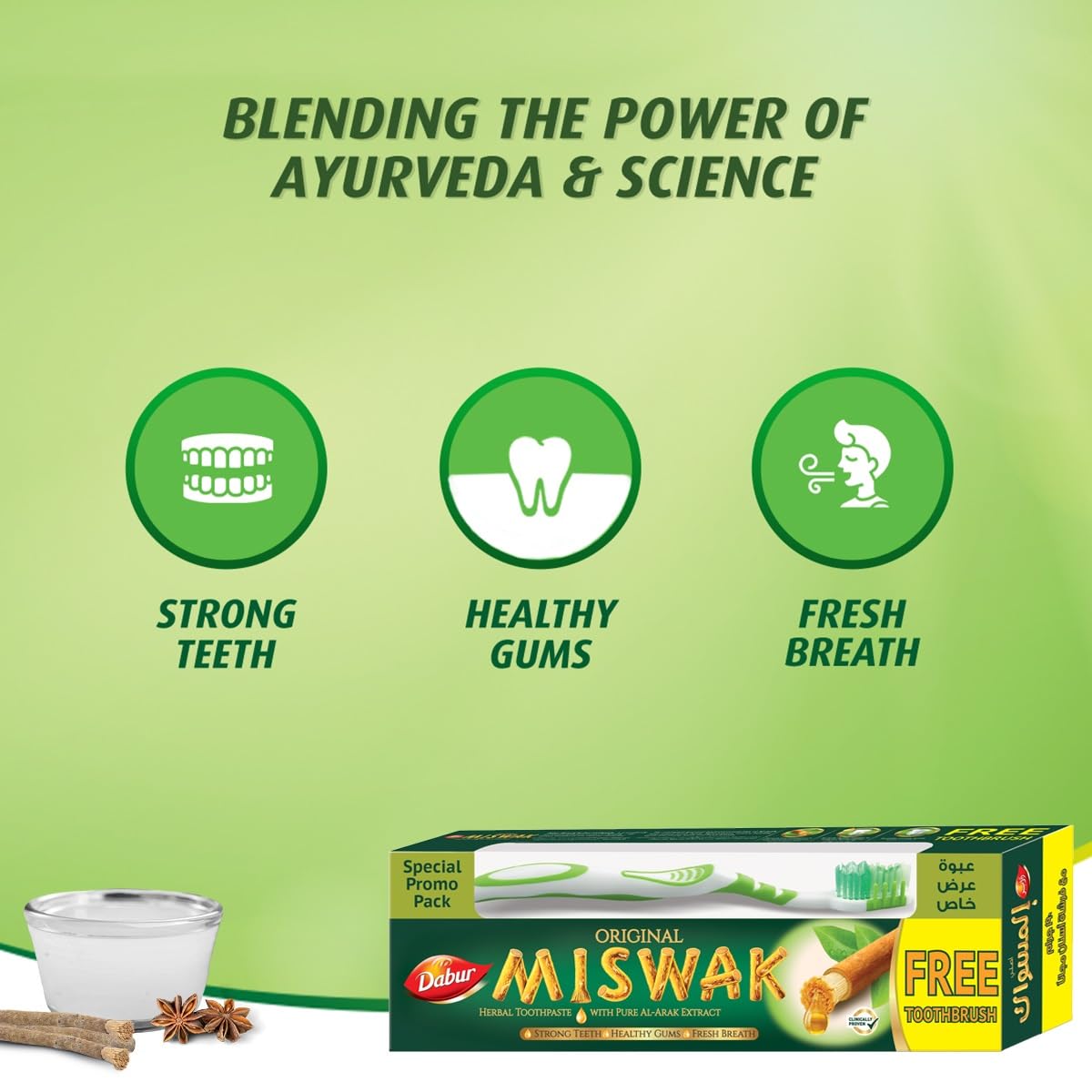 Dabur Original Miswak Toothpaste (190g + Toothbrush) | Formulated With Pure Extracts Of Al Arak | For Healthy Gums & Fresh Breath